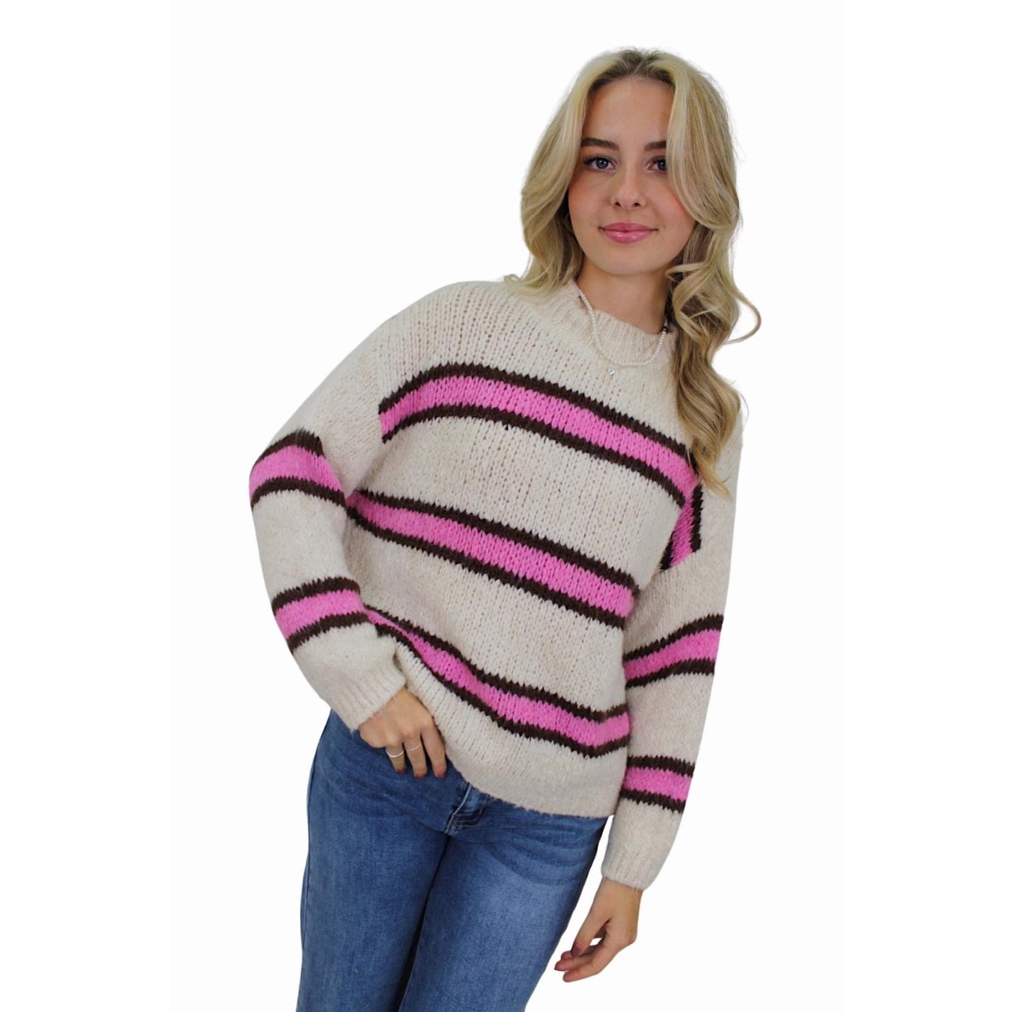 IVY DOUBLE STRIPED COMFY KNIT | VANILLA/HOTPINK