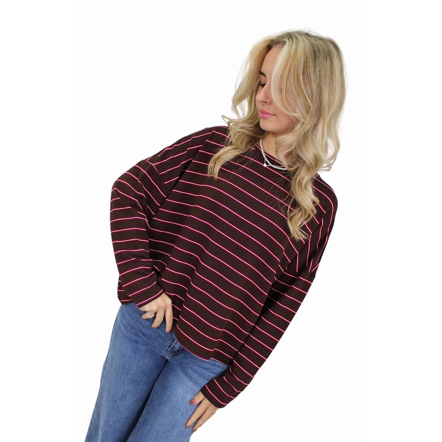 T-SHIRT LONG SLEEVE DOUBLE STRIPED | BORDEAUX/BROWN; Afbeelding: 4