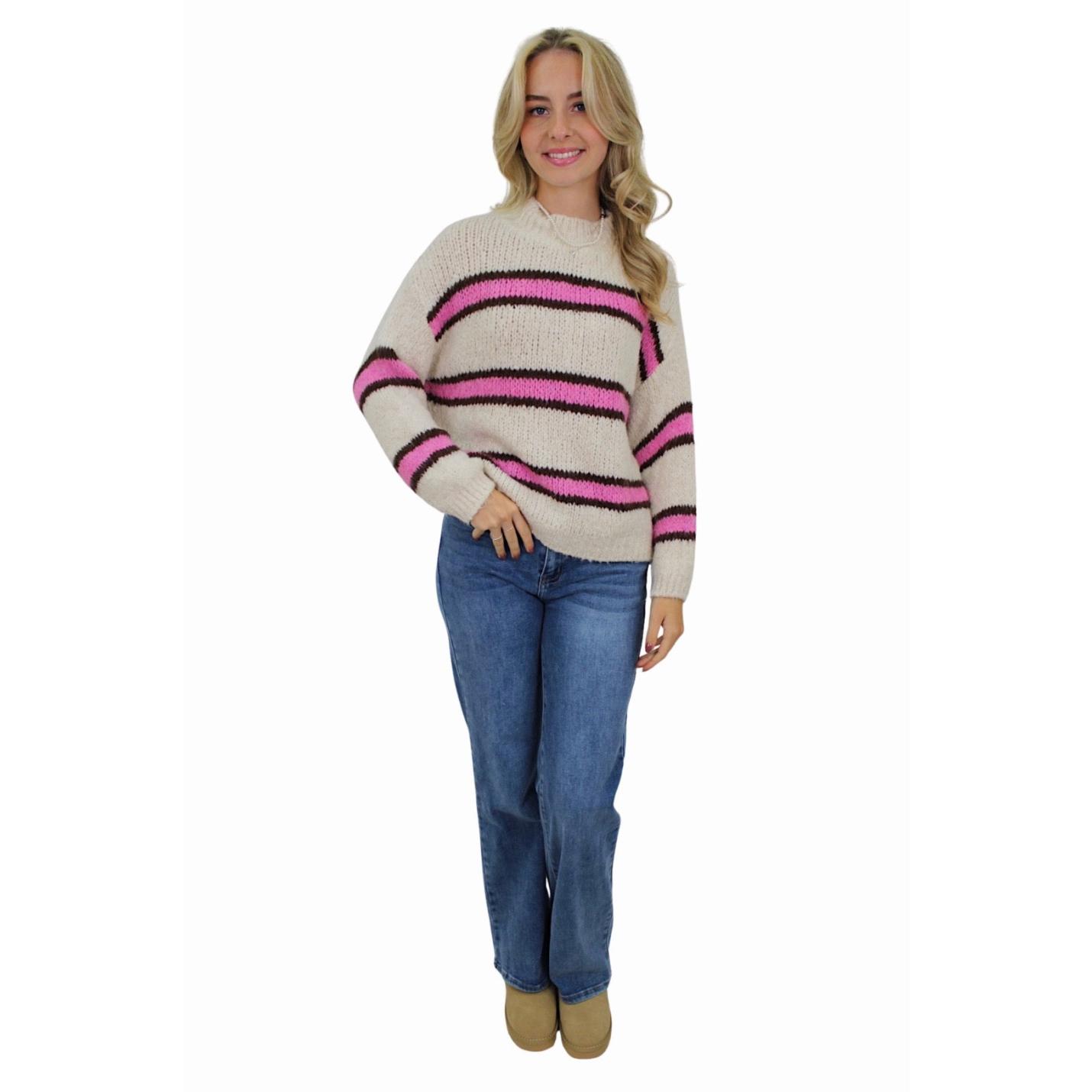 IVY DOUBLE STRIPED COMFY KNIT | VANILLA/HOTPINK; Afbeelding: 2