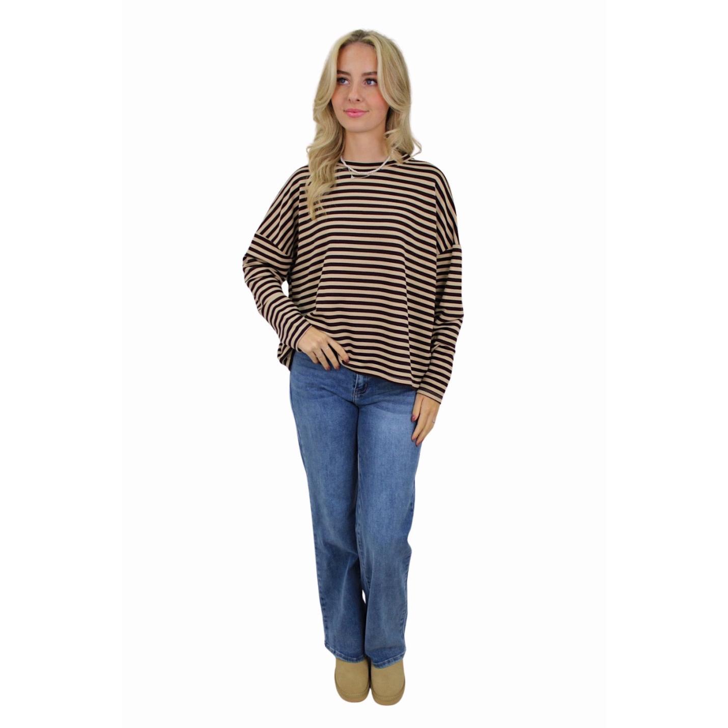 T-SHIRT LONG SLEEVE STRIPED | BEIGE/BROWN; Afbeelding: 2