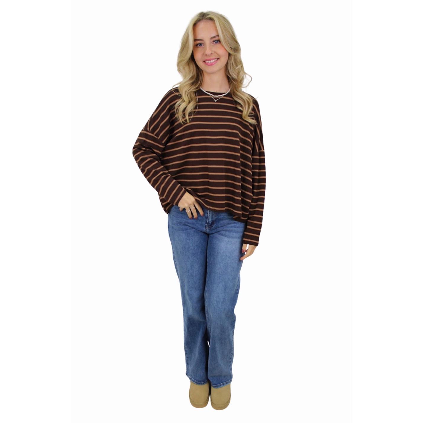 T-SHIRT LONG SLEEVE DOUBLE STRIPED | CAMEL/BROWN; Afbeelding: 2