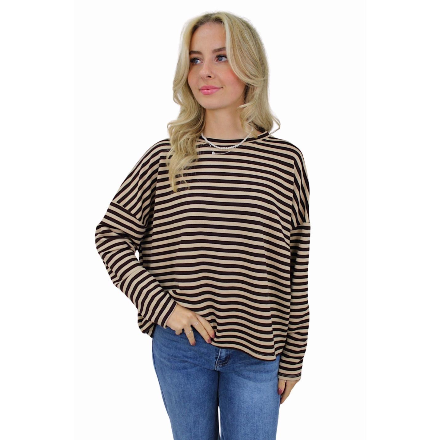 T-SHIRT LONG SLEEVE STRIPED | BEIGE/BROWN
