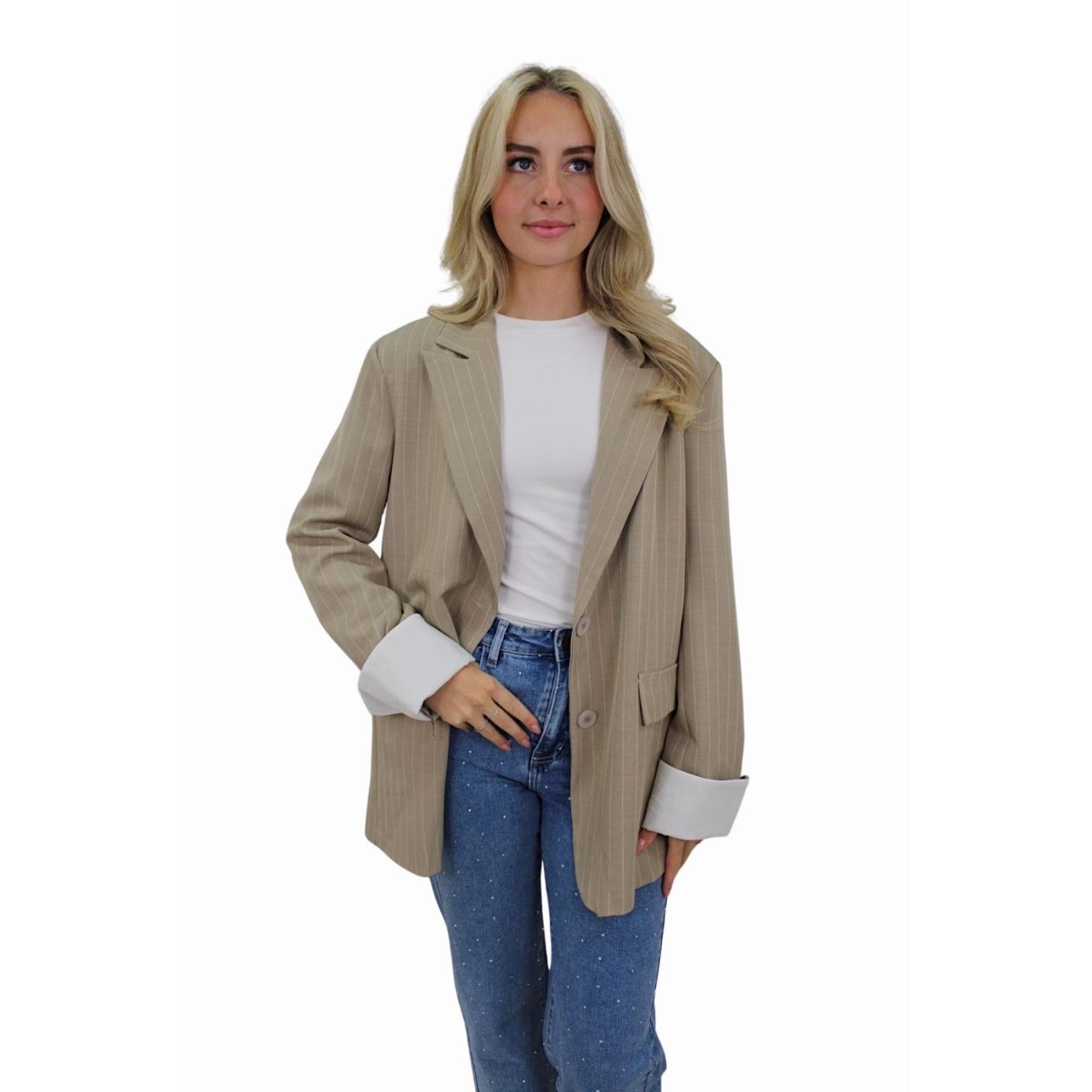 KAYLEY OVERSIZED STRIPED BLAZER | BEIGE; Afbeelding: 3