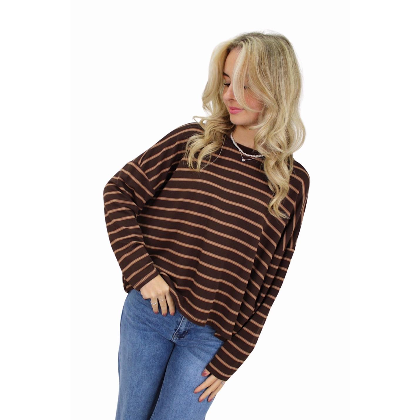 T-SHIRT LONG SLEEVE DOUBLE STRIPED | CAMEL/BROWN; Afbeelding: 3