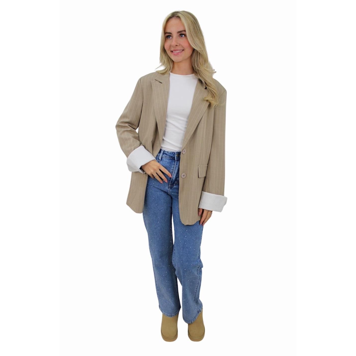 KAYLEY OVERSIZED STRIPED BLAZER | BEIGE; Afbeelding: 2