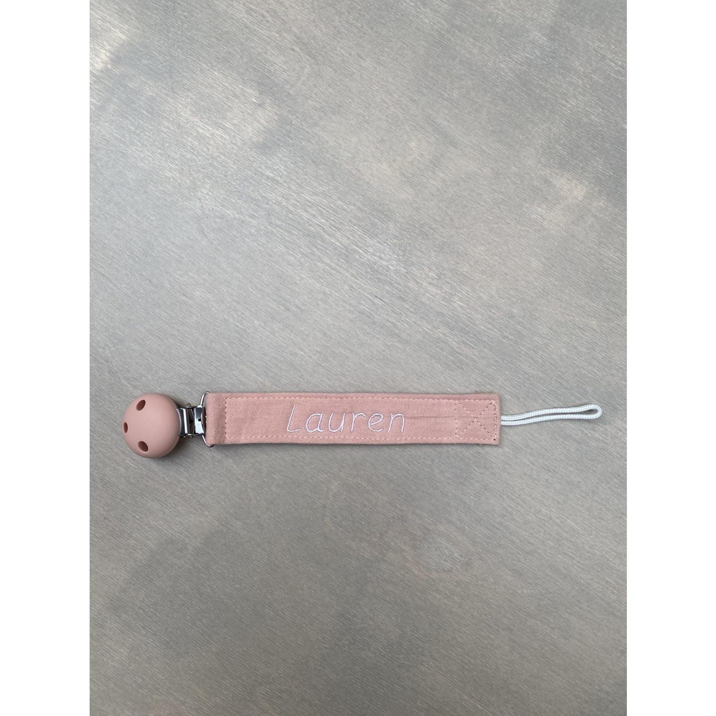 speenkoord met naam geborduurd oudroze