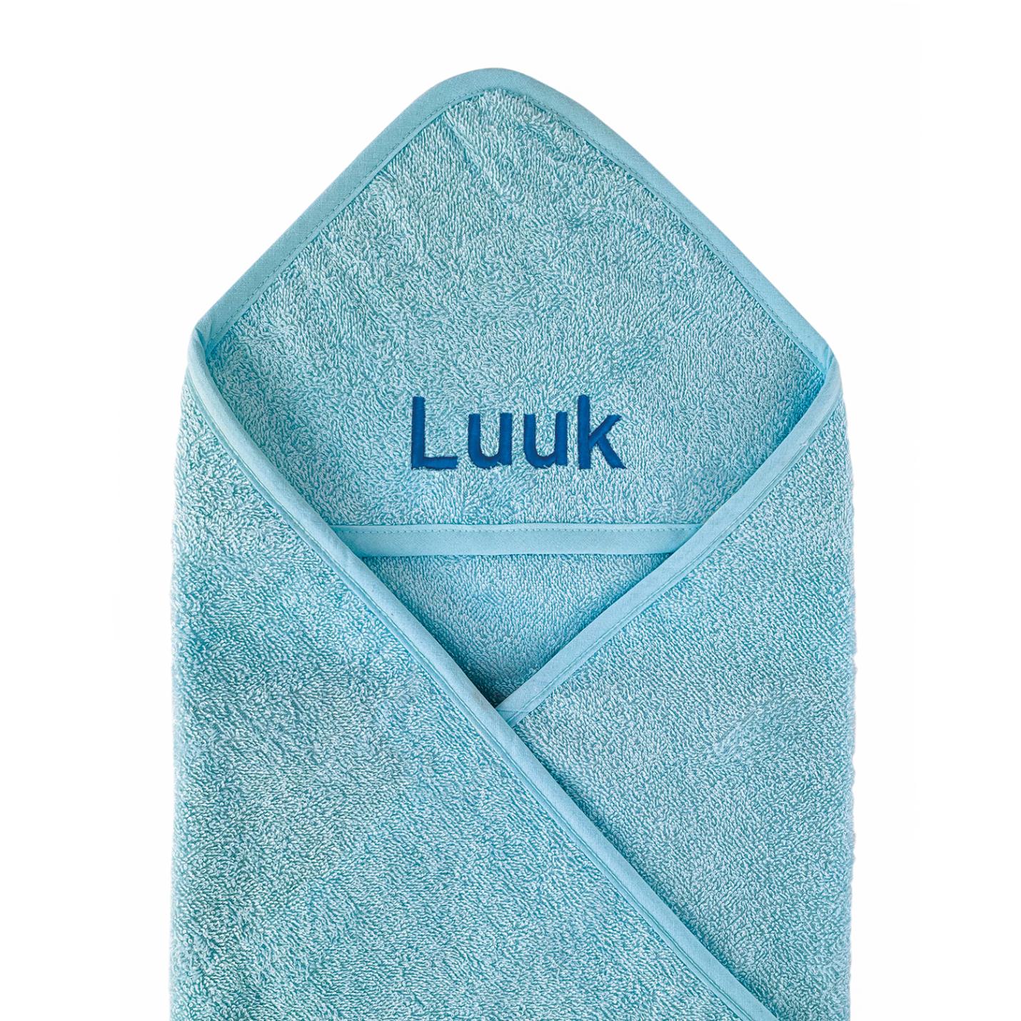 badcape blauw met blauwe letters