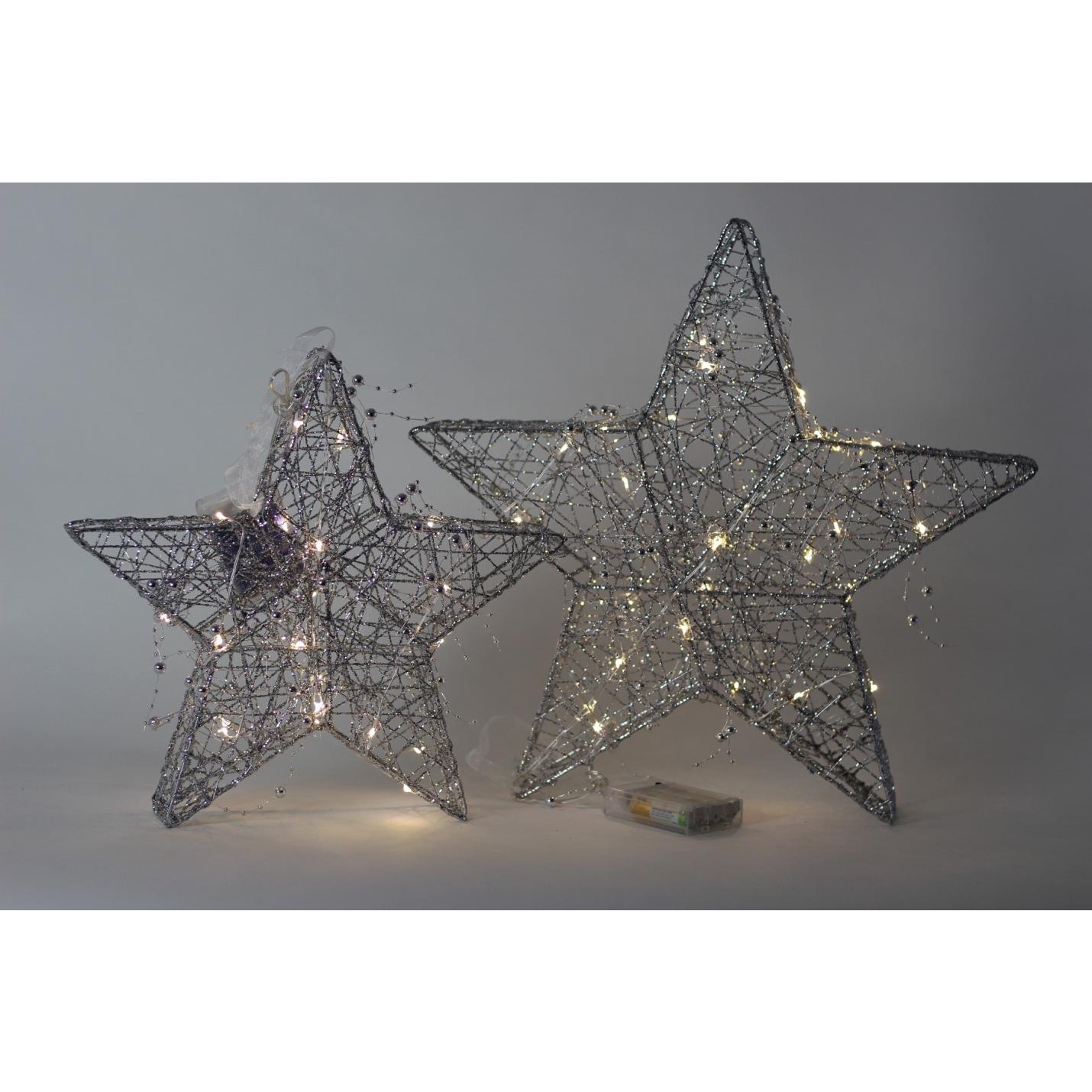 Kerstster Zilver - Draadster- 40cm-  (glitter/parels) met 30 warm witte LEDs