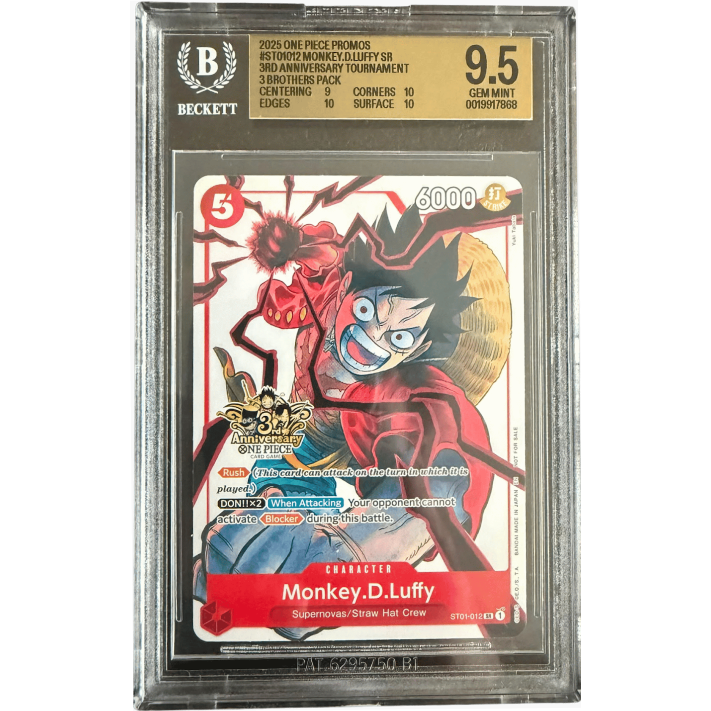 Monkey.D.Luffy (3rd Anniversary) (BGS 9.5) ST01-012 - Carrying On His Will 3rd Anniversary Tournament Cards - Normal