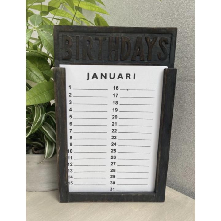 Houten verjaardagskalender black wash zwart kalender 35 cm met losse vellen