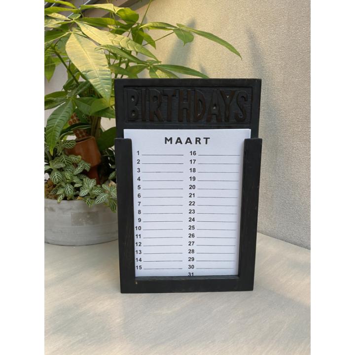 Woodart houten verjaardagskalender 28 cm. Black wash zwarte kalender met losse vellen