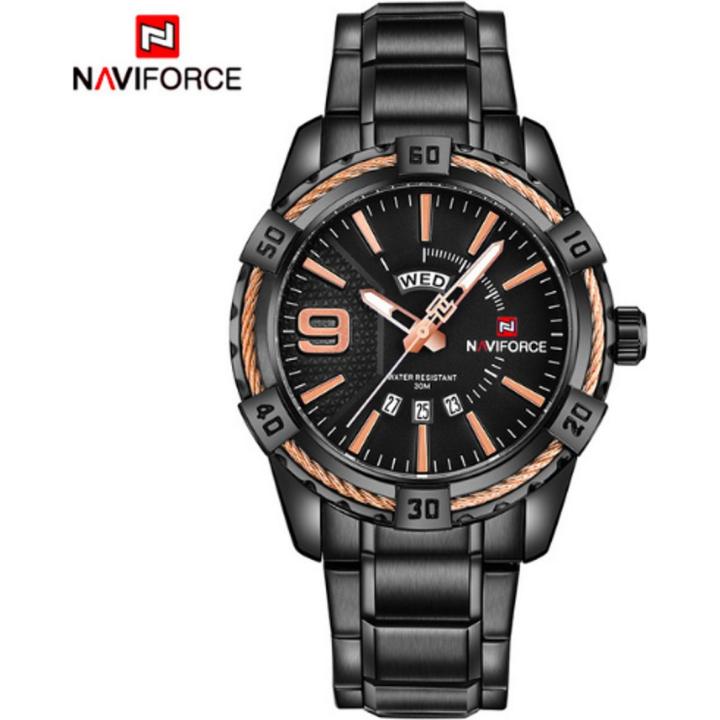Hidzo Horloge Naviforce H256 ø 47 mm - Zwart/Goud - Inclusief horlogedoosje