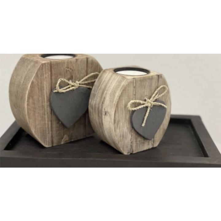 Woodart waxinehouder set hart 2x op onderschaal 15x25 naturel