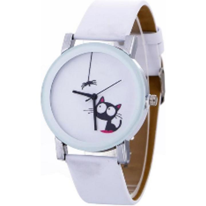 Hidzo Horloge Cute Cat ø 37 mm - Wit - Kunstleer