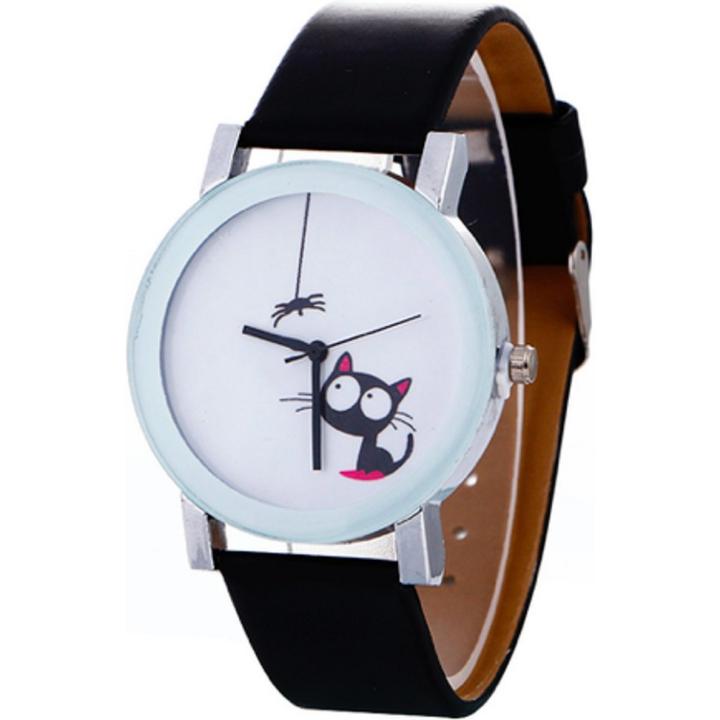 Hidzo Horloge Cute Cat ø 37 mm - Zwart - Kunstleer