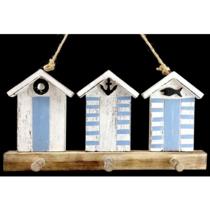 Woodart kapstok 3 huisjes blauw/wit zee beach