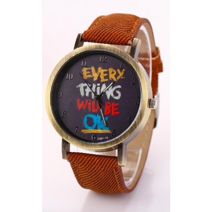 Hidzo Horloge Every Thing Will Be Ok ø 37 mm - Bruin - Kunstleer