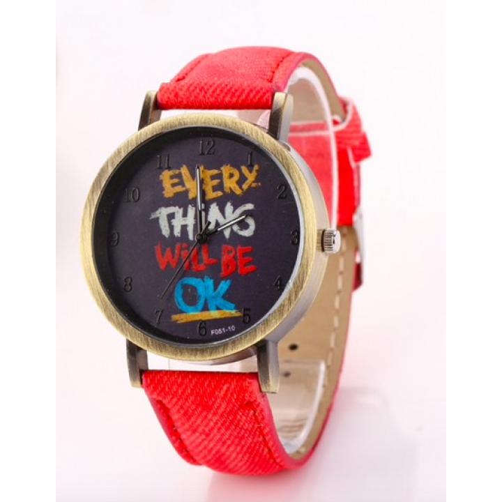 Hidzo Horloge Every Thing Will Be Ok ø 37 mm - Rood - Kunstleer