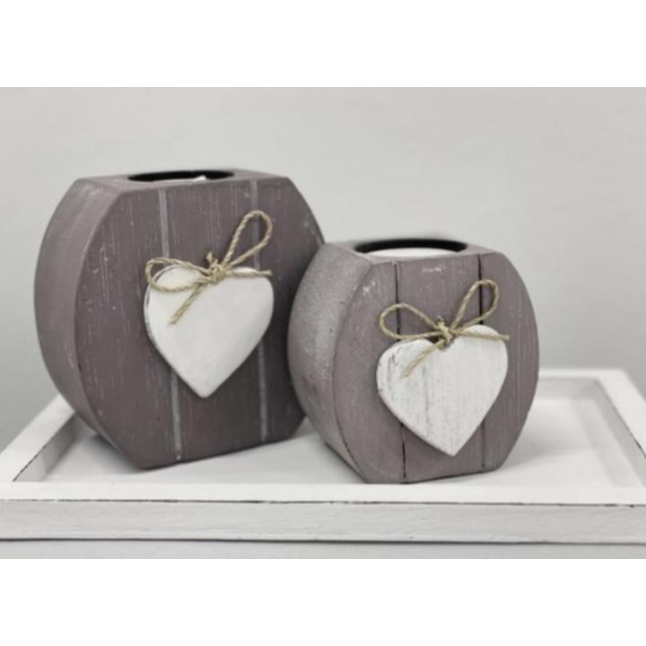 Woodart waxinehouder set hart 2x op onderschaal 15x25 taupe /wit waxinelichthouder LIEFDE