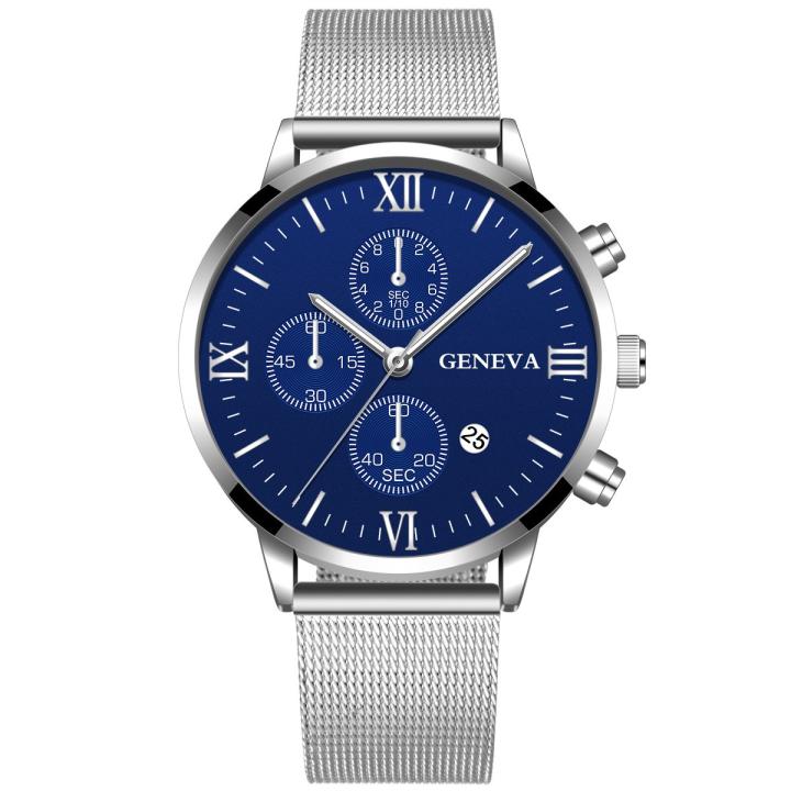 Hidzo Horloge Geneva Ø 41 - Met Datumaanduiding - Zilver/Blauw - Staal - Inclusief Horlogedoosje