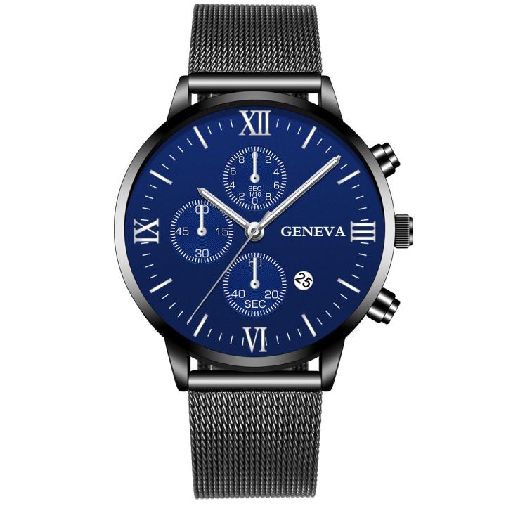 Hidzo Horloge Geneva Ø 41 - Met Datumaanduiding - Zwart/Blauw - Staal - Inclusief Horlogedoosje