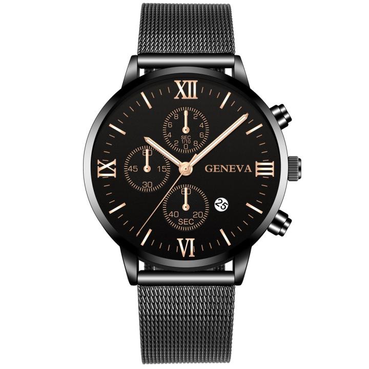 Hidzo Horloge Geneva Ø 41 - Met Datumaanduiding - Zwart/Rose Wijzers - Staal