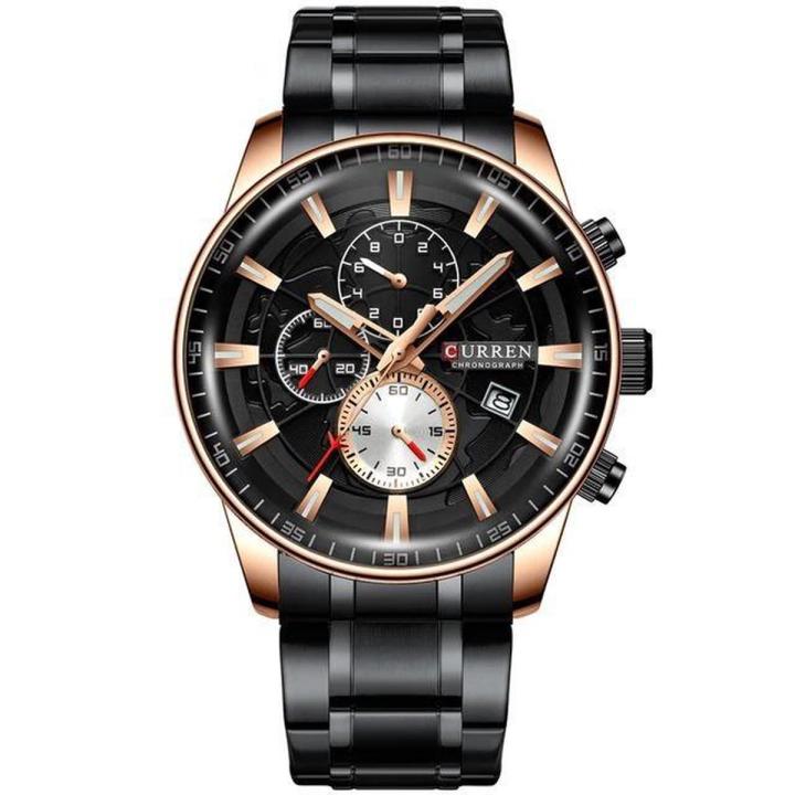 Hidzo Mannen Horloge Curren Ø 50 - Met Datumaanduiding - Zwart/Zwart/Rosé - Staal - Inclusief Horlogedoosje
