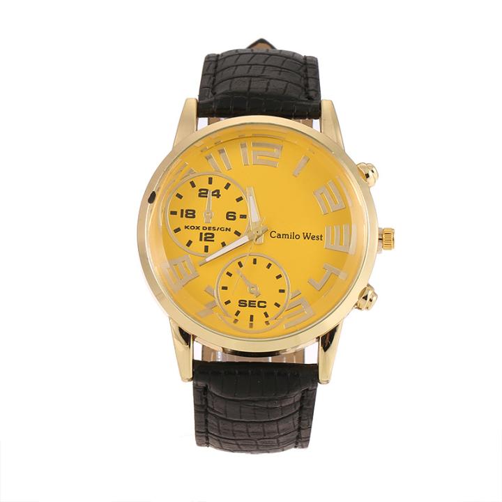 Hidzo Horloge Camilo West Ø 43 - Zwart/Geel/Goud - Kunstleer