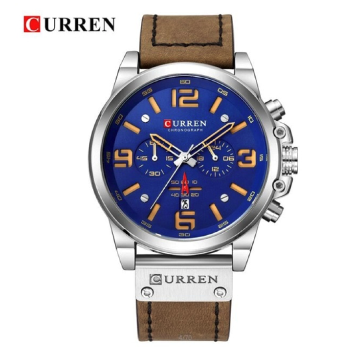 Hidzo Horloge Curren Ø 47 - Met Datumaanduiding - Bruin/Zilver/Blauw - Kunstleer