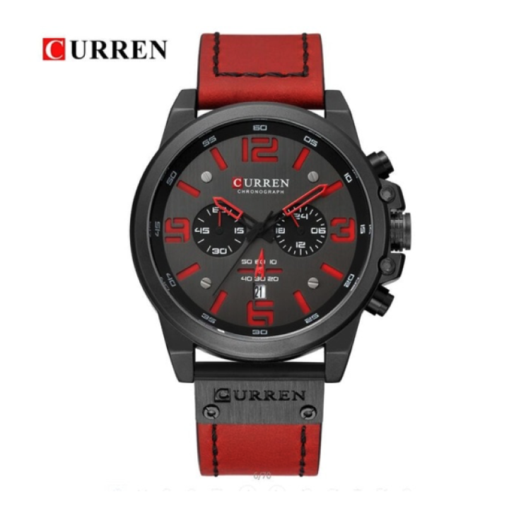 Hidzo Horloge Curren Ø 47 - Met Datumaanduiding - Rood/Zwart - Kunstleer