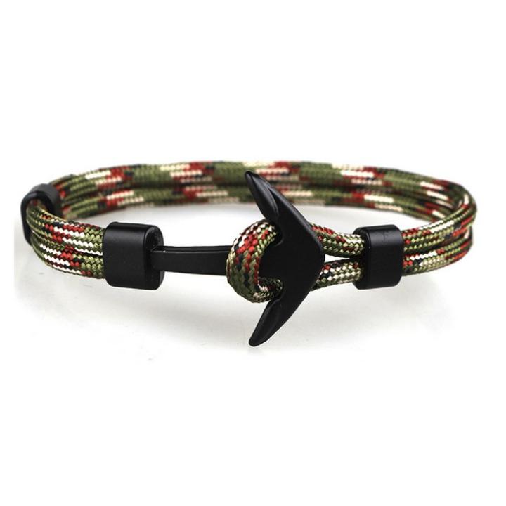 Hidzo Armbandje - Zwart Anker - Groen/Rood/Wit Touw - Verstelbaar