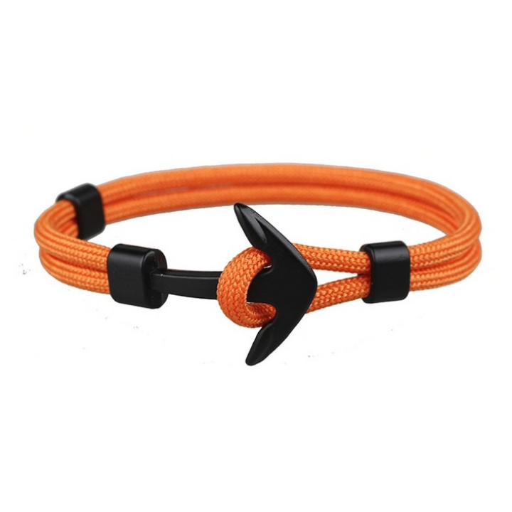 Hidzo Armbandje - Zwart Anker - Oranje Touw - Verstelbaar