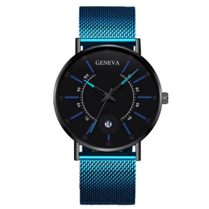 Hidzo Horloge Geneva - Met Datumaanduiding - ø 40 mm - Blauw/Blauw - Staal