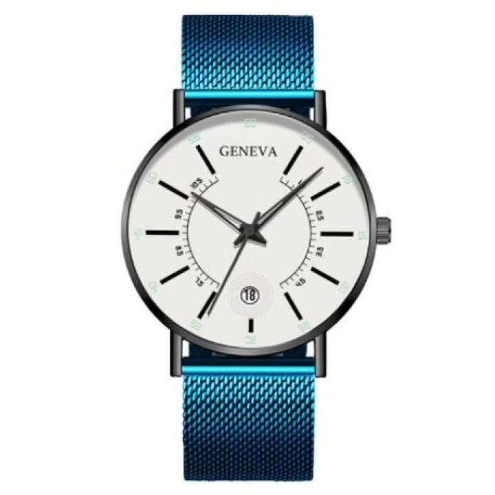 Hidzo Horloge Geneva - Met Datumaanduiding - ø 40 mm - Blauw/Wit - Staal