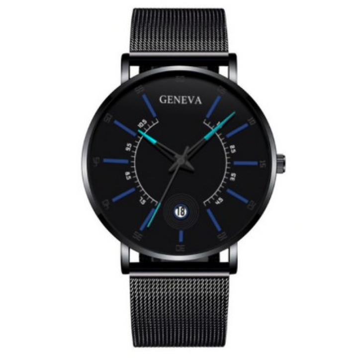Hidzo Horloge Geneva - Met Datumaanduiding - ø 40 mm - Zwart/Blauw - Staal