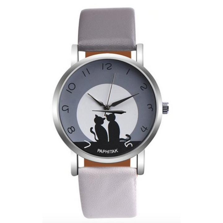 Hidzo Horloge Paphitak Katten - ø 37 mm - Grijs/Wit - Kunstleer