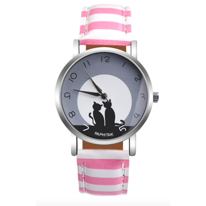 Hidzo Horloge Paphitak Katten - ø 37 mm - Roze/Wit Strepen - Kunstleer