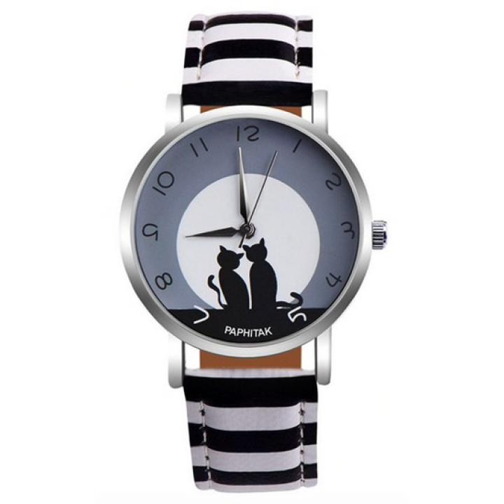 Hidzo Horloge Paphitak Katten - ø 37 mm - Zwart/Wit Strepen - Kunstleer