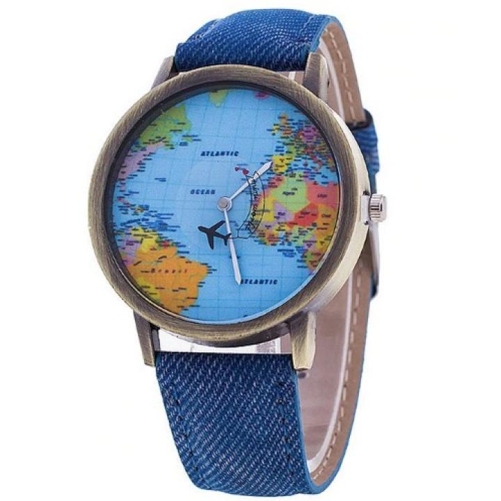 Hidzo Horloge Wereldkaart - Ø 38 mm - Blauw - kunstleer