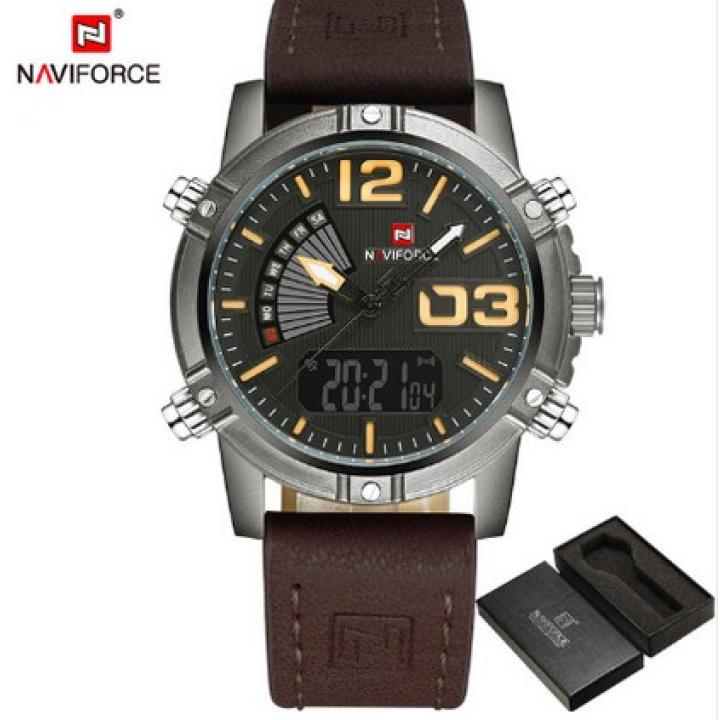 Hidzo Horloge Naviforce Digitaal ø 47 mm - Donker Bruin/Zilver - Inclusief horlogedoosje