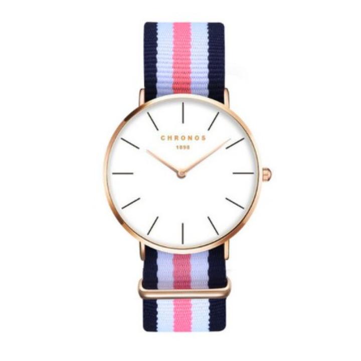 Hidzo Horloge Chronos ø 37 mm - Blauw/Wit/Roze/Wit/Blauw - Inclusief horlogedoosje