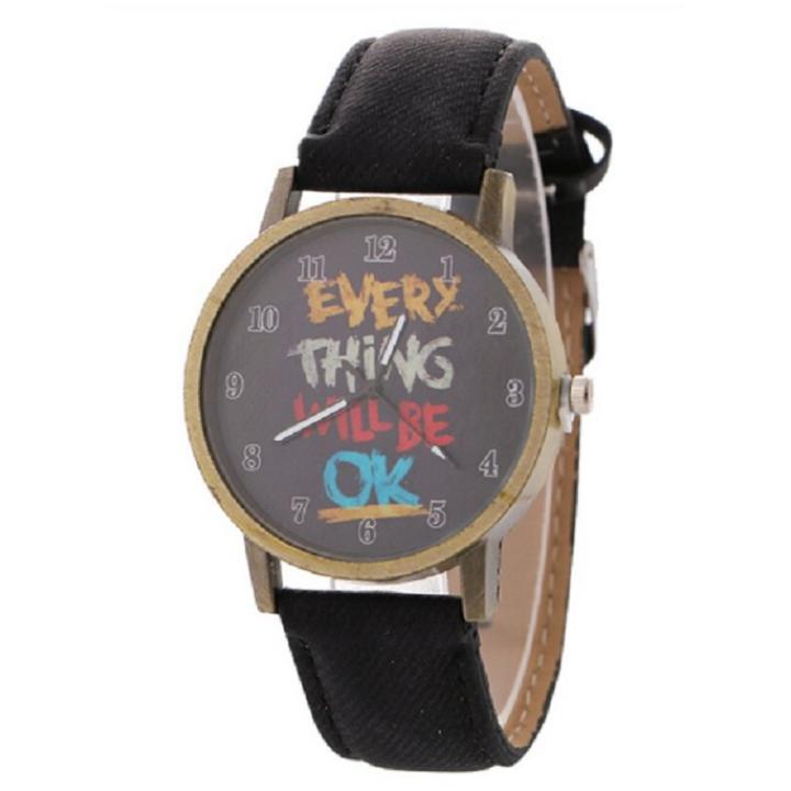 Hidzo Horloge Every Thing Will Be Ok ø 37 mm - Zwart - Kunstleer