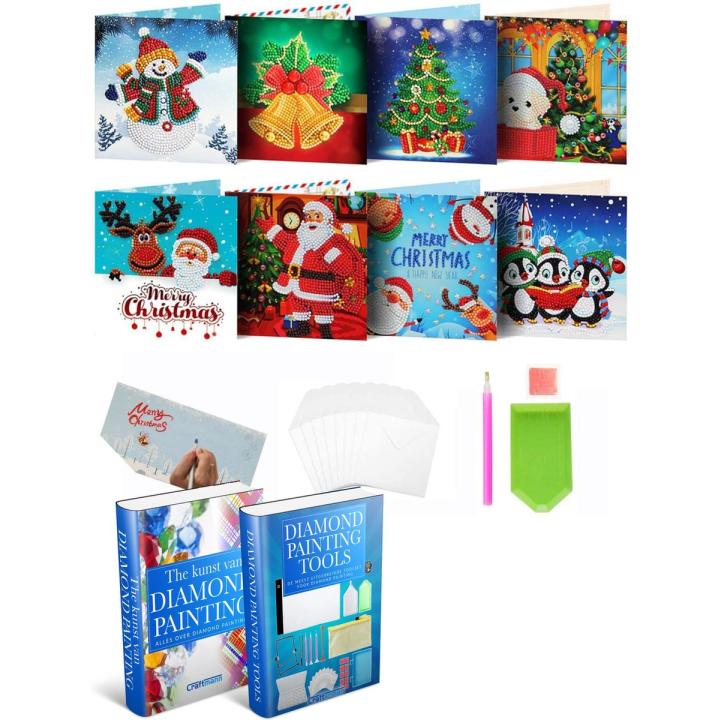 Crafterman™ Diamond Painting Kerstkaarten pakket Volwassenen - RONDE STEENTJES - Kerstman - Sneeuwpop - rendier - hond - pinguins - 8 Pack - Met tijdelijk E-Book