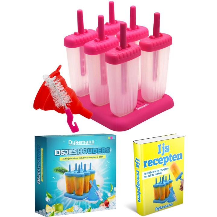 Dykemann Ijsjeshouder - ijsjes vormen - ijslolly - ijsvormpjes + trechter & schoonmaak borstel - BPA Vrij - ROZE - Siliconen - 6 stuks + levenslange ijs recepten e-Book