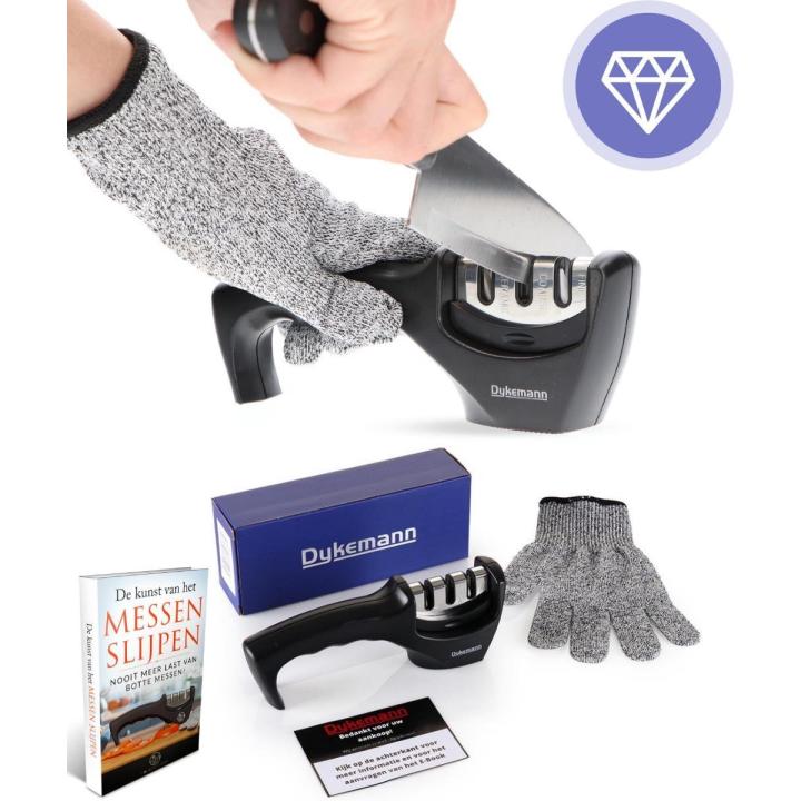 Dykemann messenslijper - doortrekslijper - 3 verschillende slijpkoppen - antislip voet - RVS - met anti-snij handschoen & E-Book