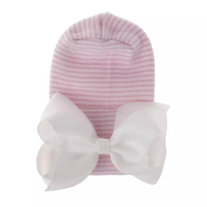 Newborn muts roze gestreept met witte strik van lint extra warm