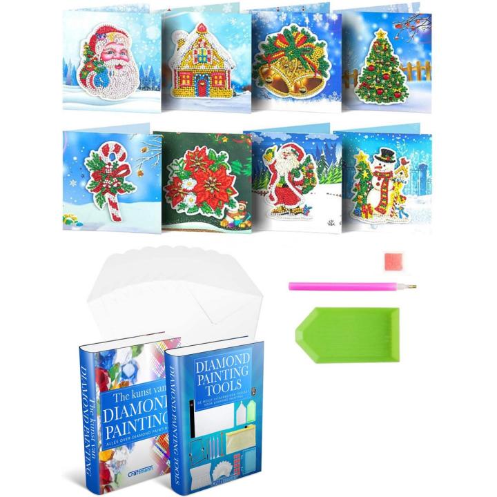 Crafterman™ Diamond Painting Kerstkaarten pakket Volwassenen - RONDE STEENTJES! - Kerstman - Sneeuwpop - Kerstboom - Huis - 8 Pack - Met tijdelijk E-Book