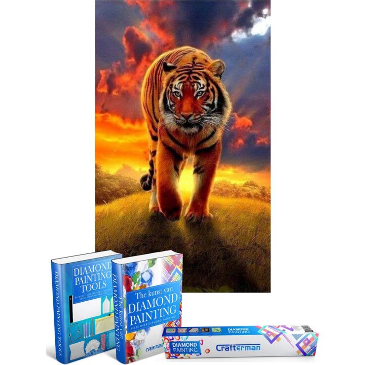 Crafterman™ Diamond Painting Pakket Volwassenen - Prachtige tijger met zonsondergang - 30x40cm - volledige bedekking - vierkante steentjes - Met tijdelijk 2 E-Books