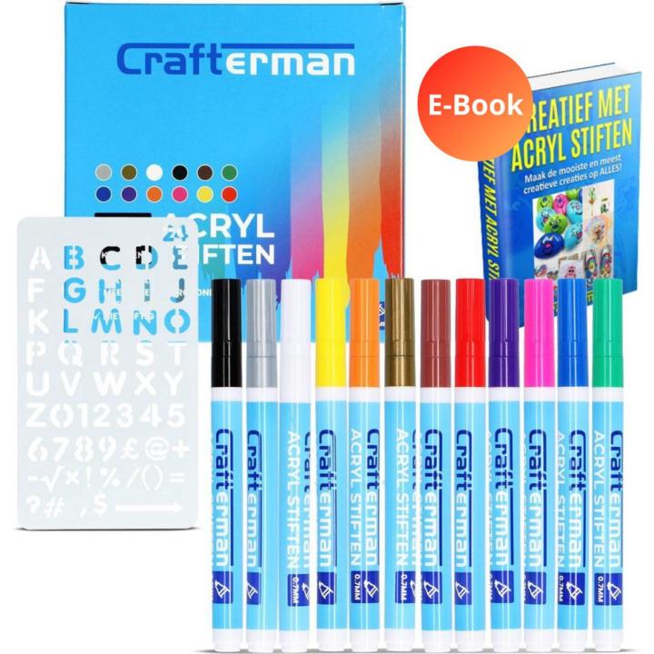 Crafterman Uitlijn Acryl stiften - waterbasis - verfstiften - HAPPY STONES - 12 stuks - met stencil en e-Book