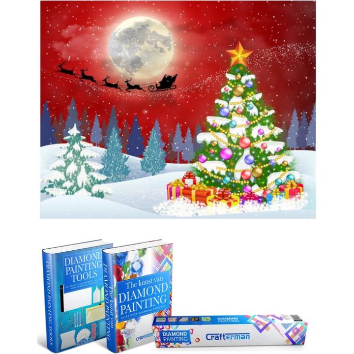 Crafterman™ Diamond Painting Pakket Volwassenen - Kerstman met rendieren en kerstboom en sneeuw - 30x40cm - volledige bedekking - vierkante steentjes - Met tijdelijk 2 E-Books